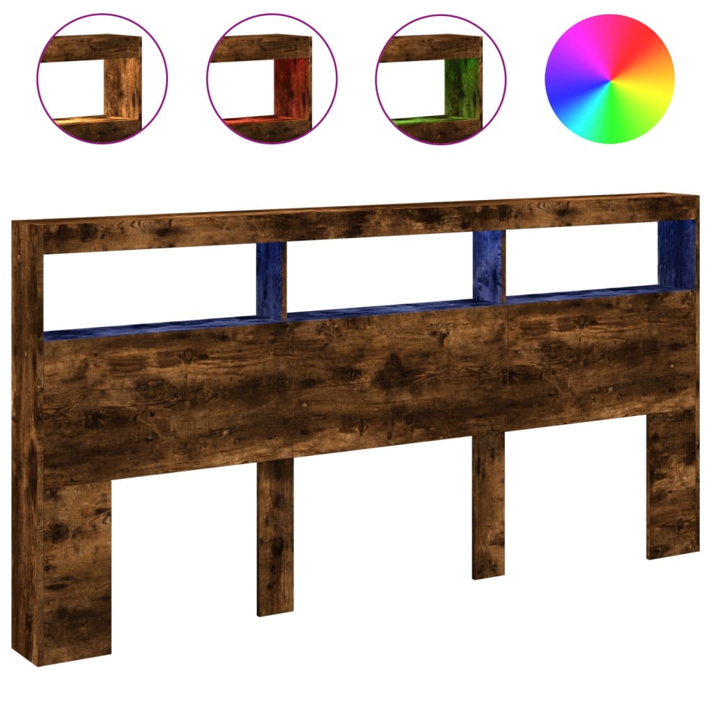 Testiera con Contenitore a LED Rovere Fumo 200x17x102 cm - homemem39