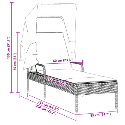 Sun Lounger with Gray Polyrattan Canopy