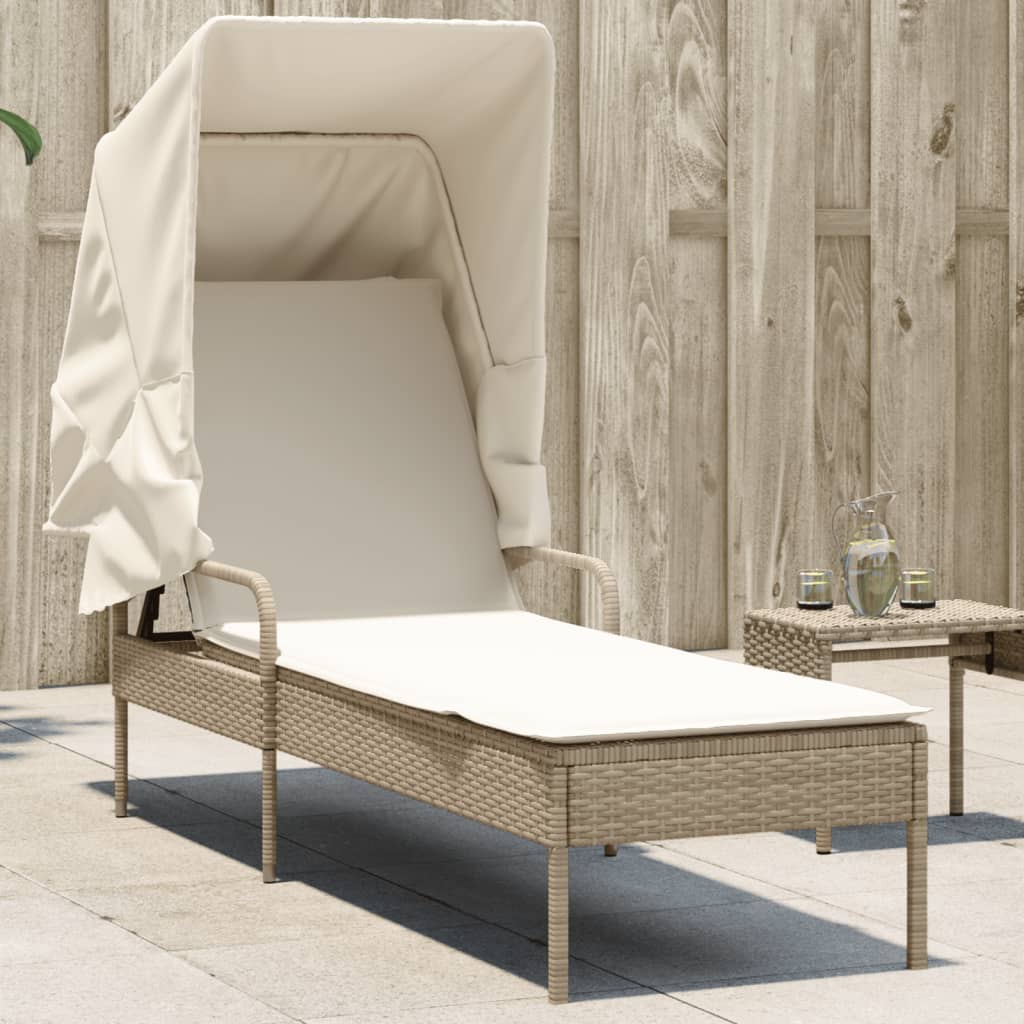 Lettino Prendisole con Baldacchino Beige in Polyrattan