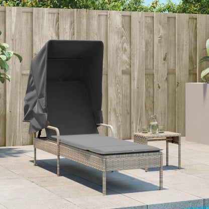 Sun Lounger with Light Gray Polyrattan Canopy