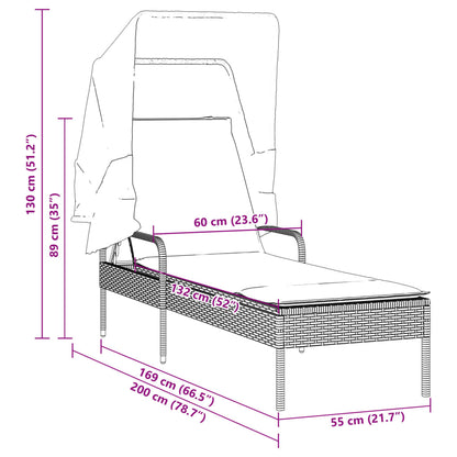 Sun Lounger with Light Gray Polyrattan Canopy