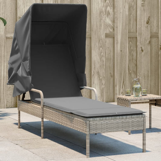 Sun Lounger with Light Gray Polyrattan Canopy