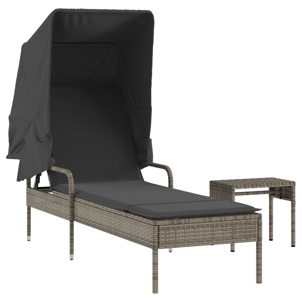 Sun lounger with canopy and gray polyrattan table