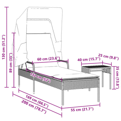 Sun lounger with canopy and gray polyrattan table