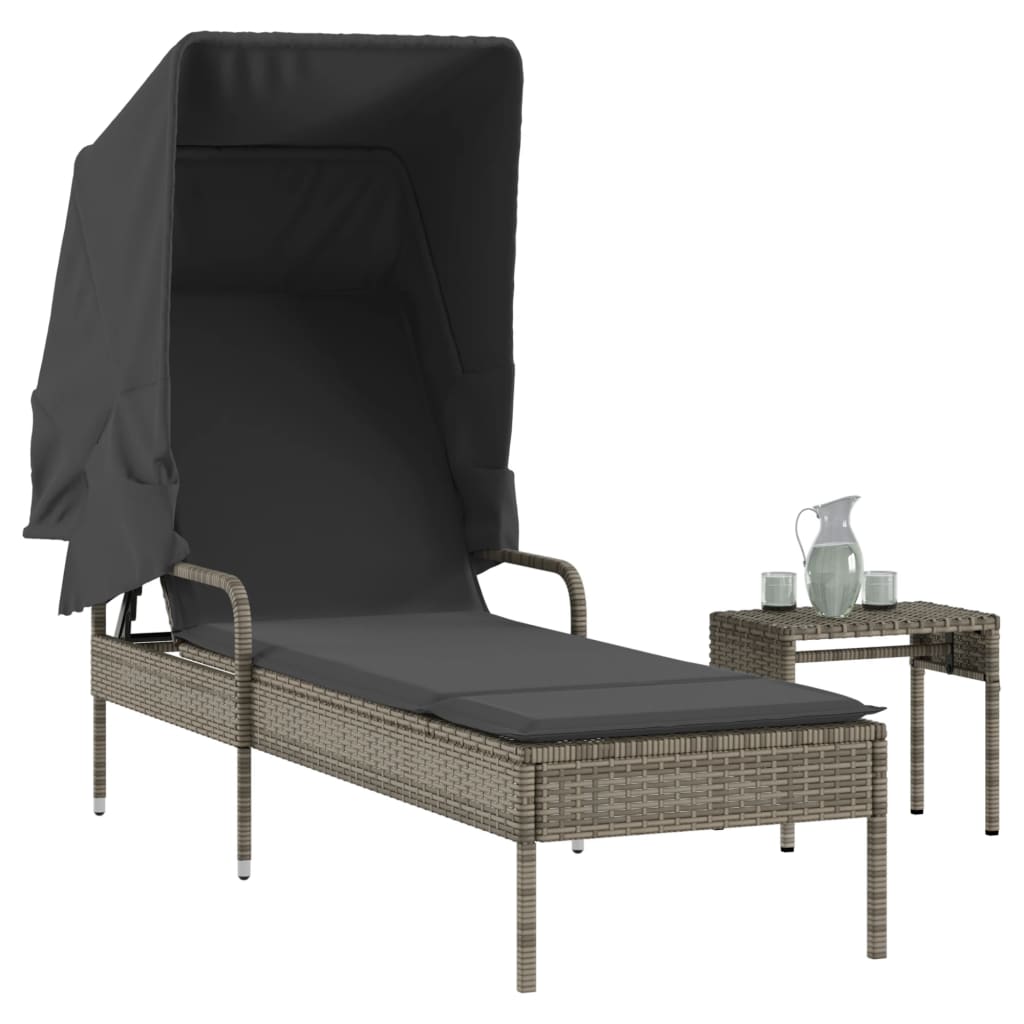 Sun lounger with canopy and gray polyrattan table