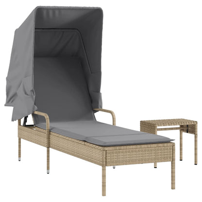 Sun Lounger with Canopy and Beige Polyrattan Table