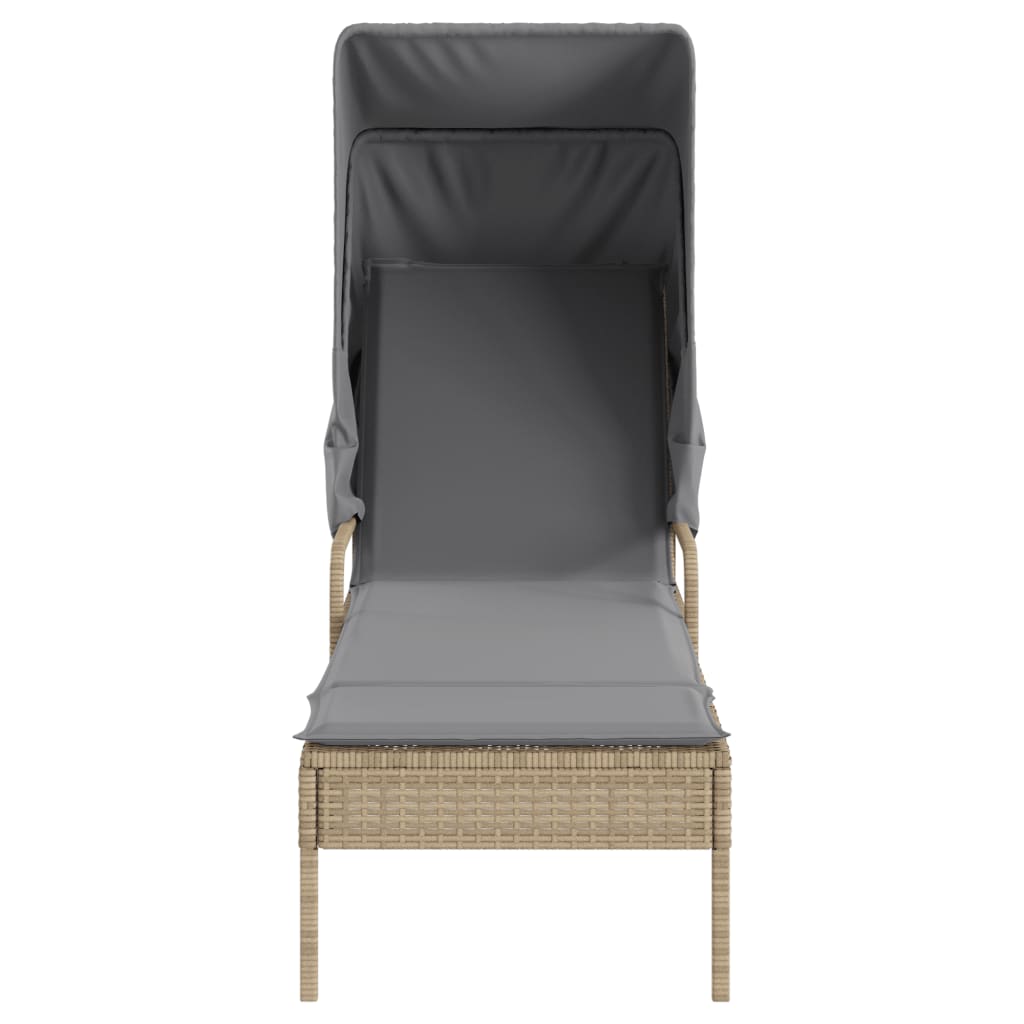 Sun Lounger with Canopy and Beige Polyrattan Table