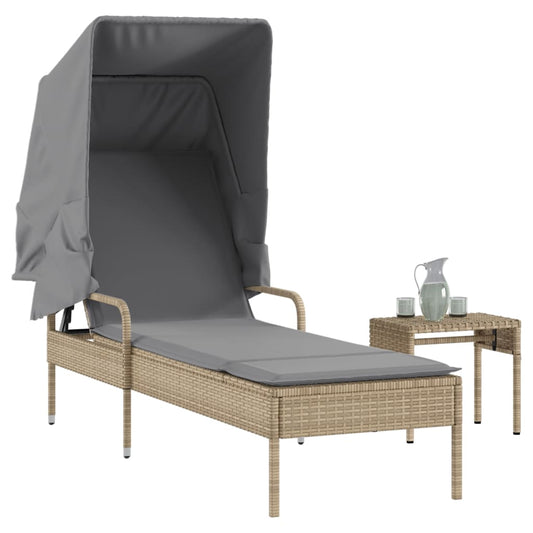 Sun Lounger with Canopy and Beige Polyrattan Table