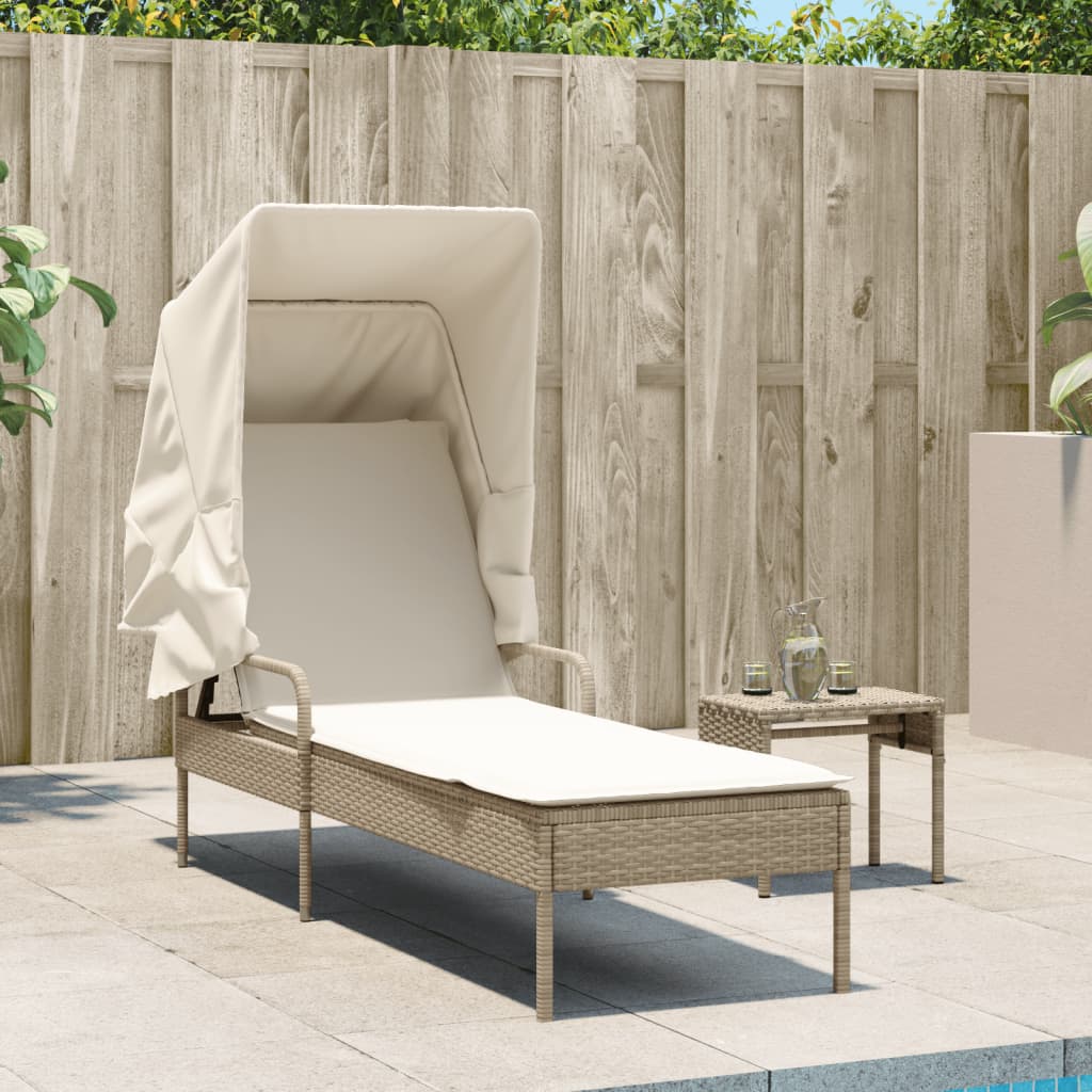 Sun Lounger with Canopy and Beige Polyrattan Table