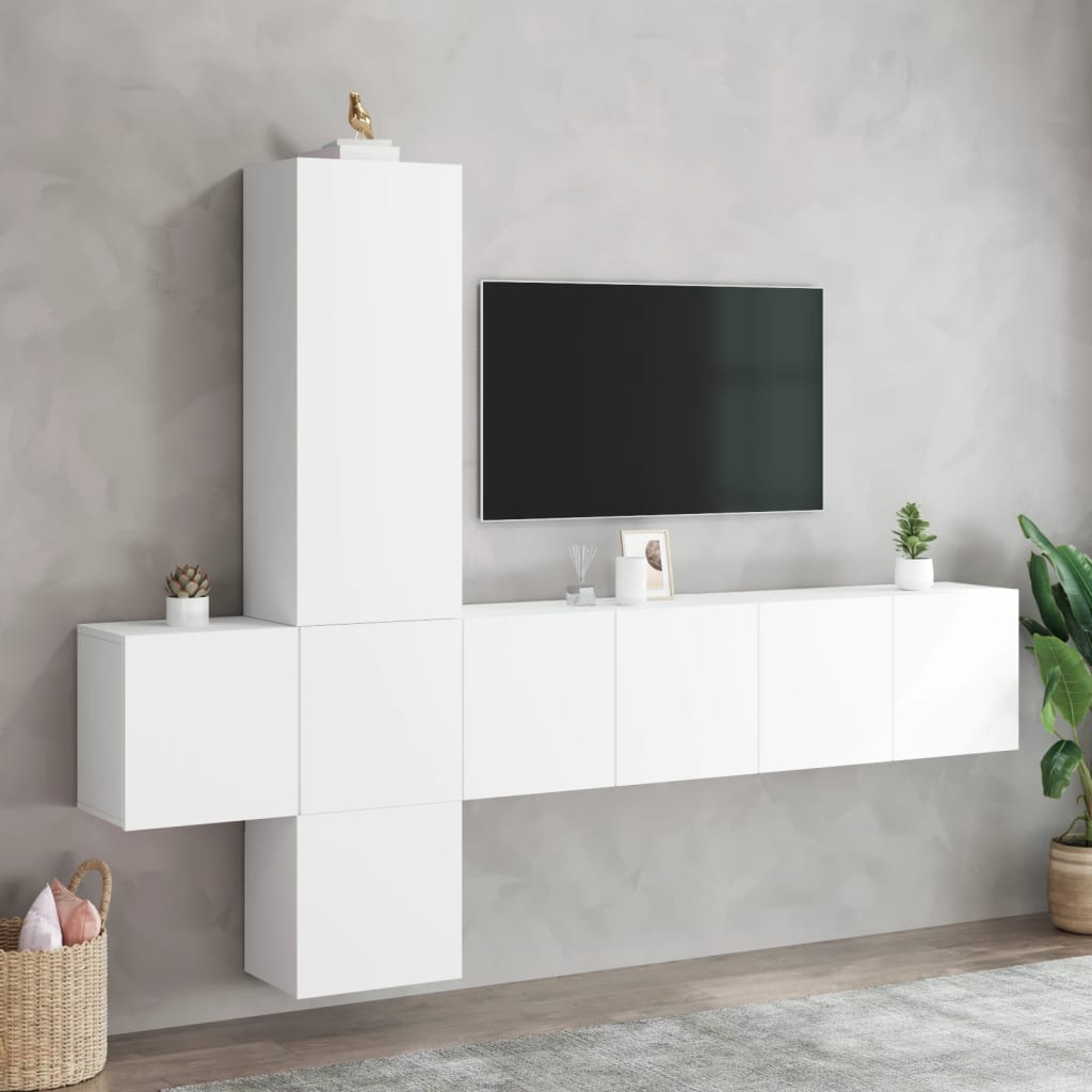 Mobili TV a Muro 5pz Bianchi in Legno Multistrato