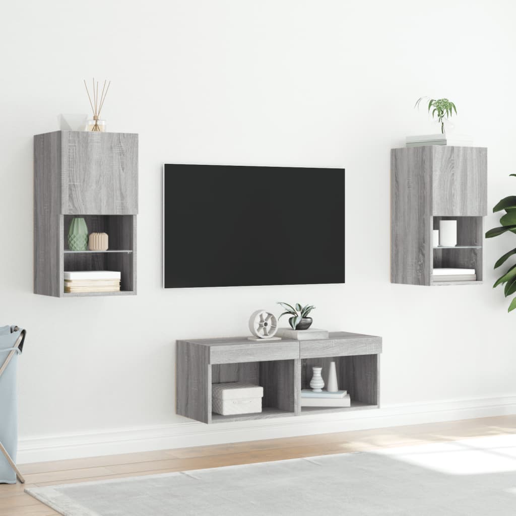 Mobili TV a Muro 4pz con Luci LED Grigio Sonoma