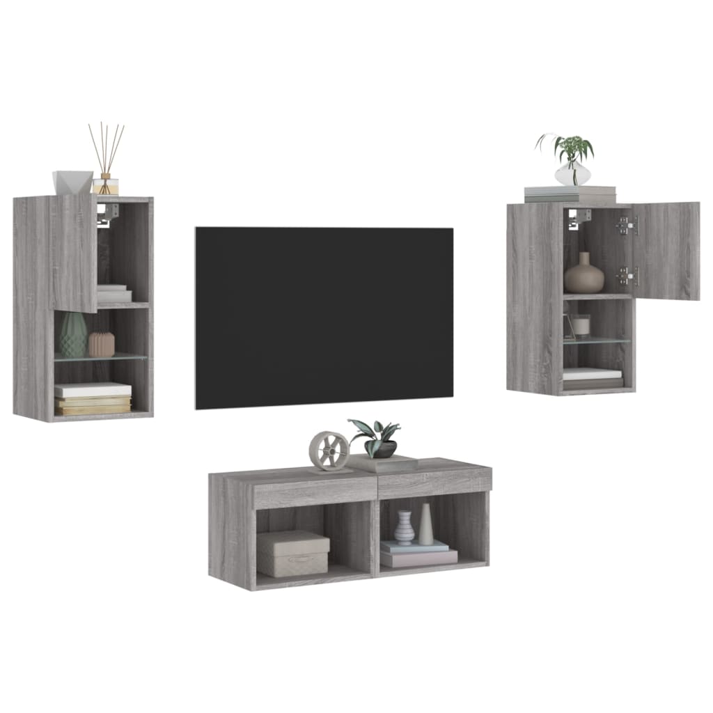 Mobili TV a Muro 4pz con Luci LED Grigio Sonoma | homemem39