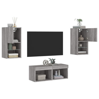 Mobili TV a Muro 4pz con Luci LED Grigio Sonoma | homemem39