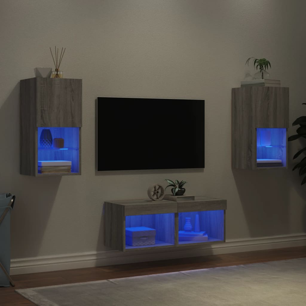 Mobili TV a Muro 4pz con Luci LED Grigio Sonoma | homemem39