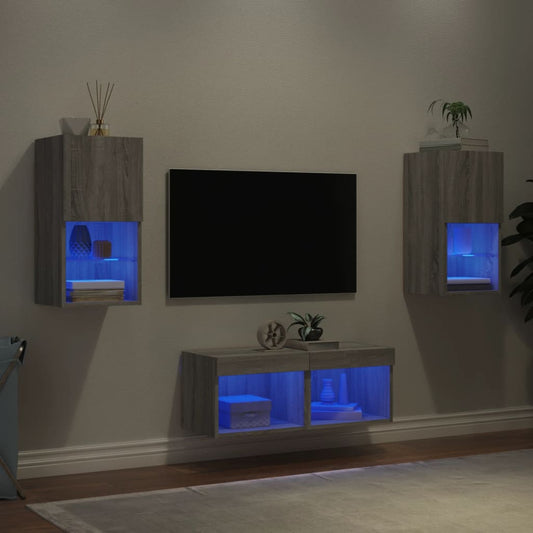 Mobili TV a Muro 4pz con Luci LED Grigio Sonoma | homemem39