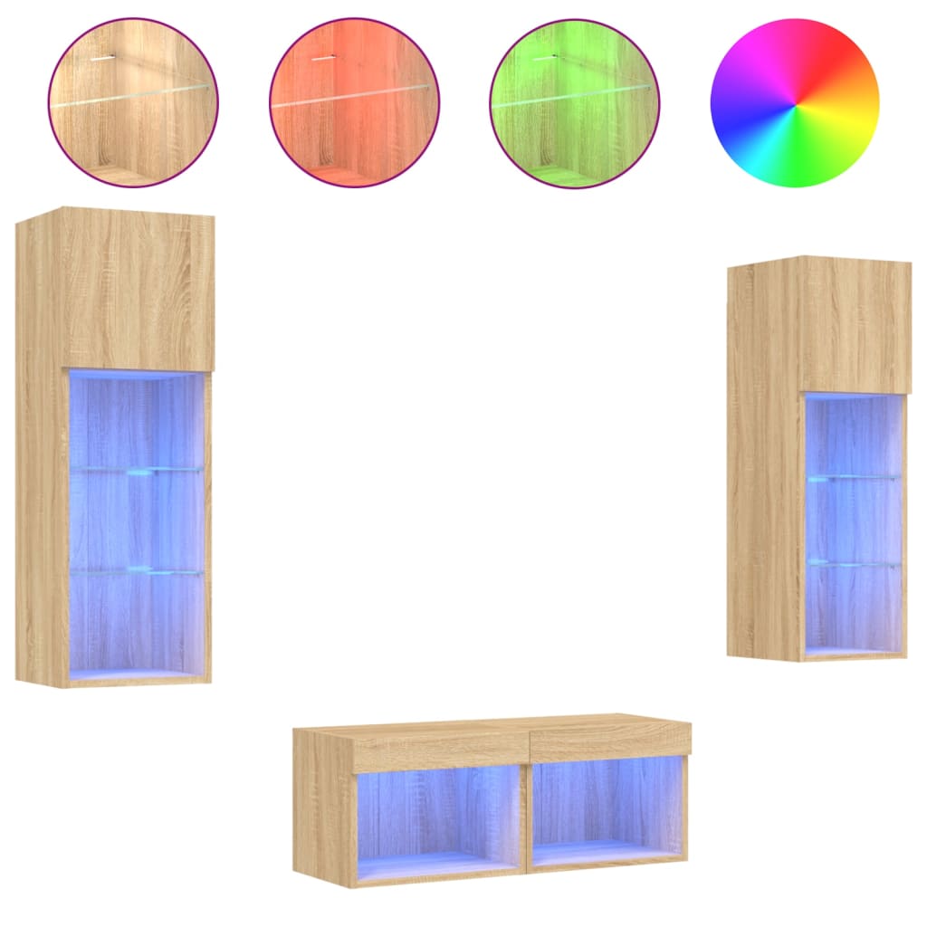 Mobili TV a Muro 4pz con Luci LED Rovere Sonoma | homemem39