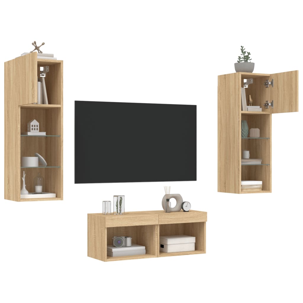 Mobili TV a Muro 4pz con Luci LED Rovere Sonoma | homemem39