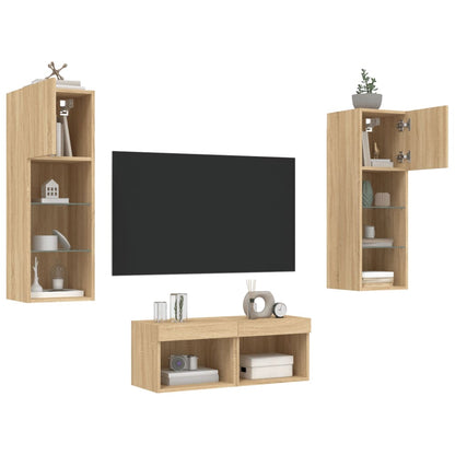 Mobili TV a Muro 4pz con Luci LED Rovere Sonoma | homemem39