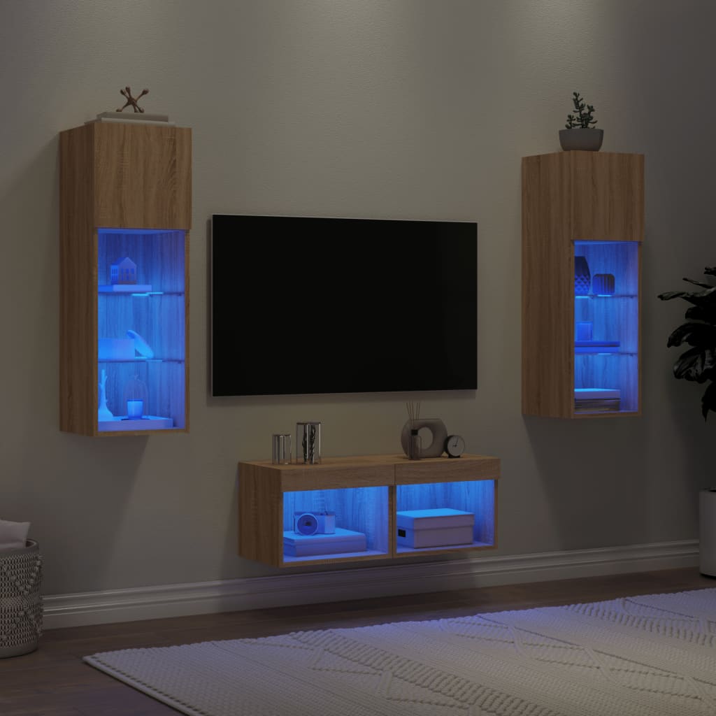 Mobili TV a Muro 4pz con Luci LED Rovere Sonoma | homemem39