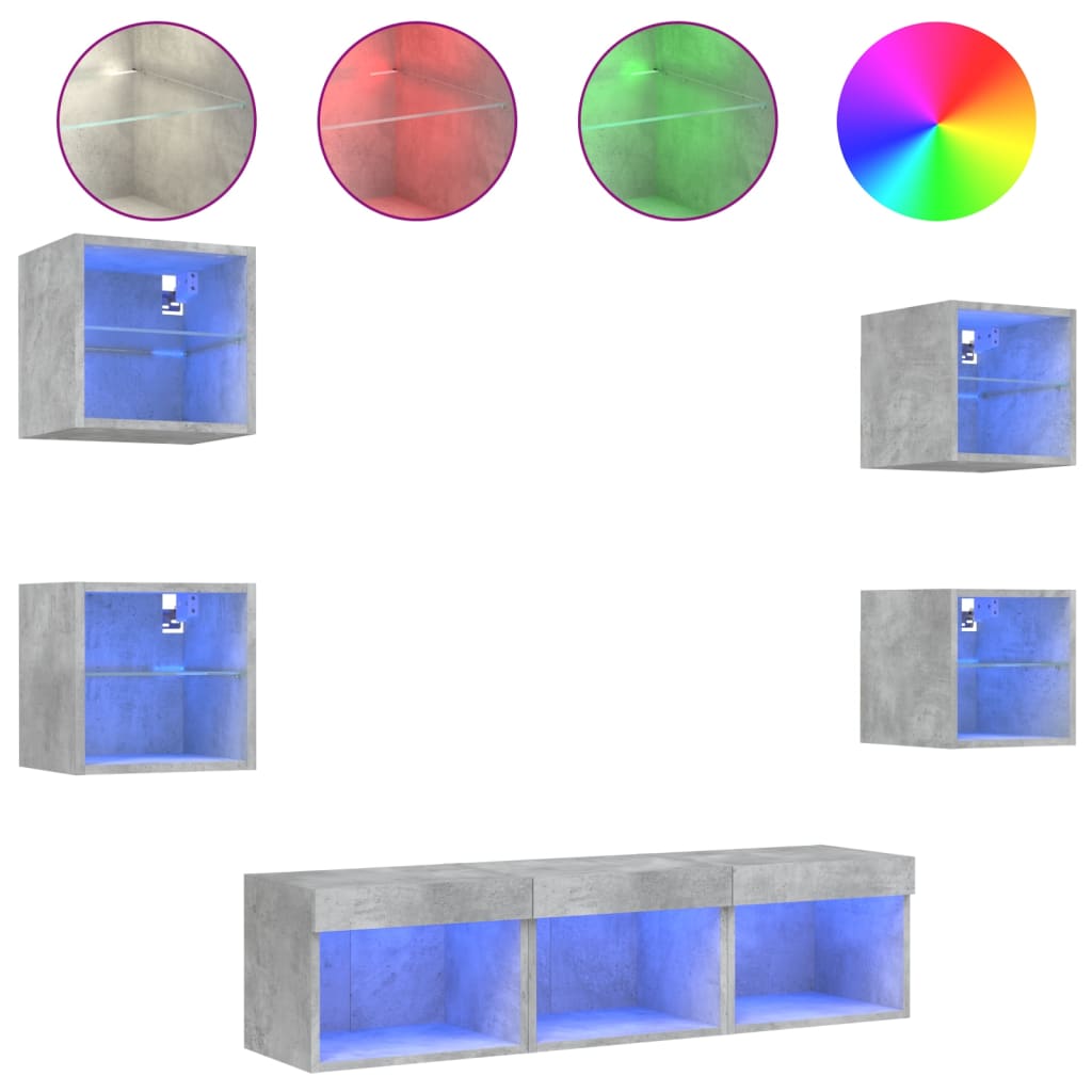 Mobili TV a Muro con LED 7pz Grigio Cemento Legno Multistrato | homemem39