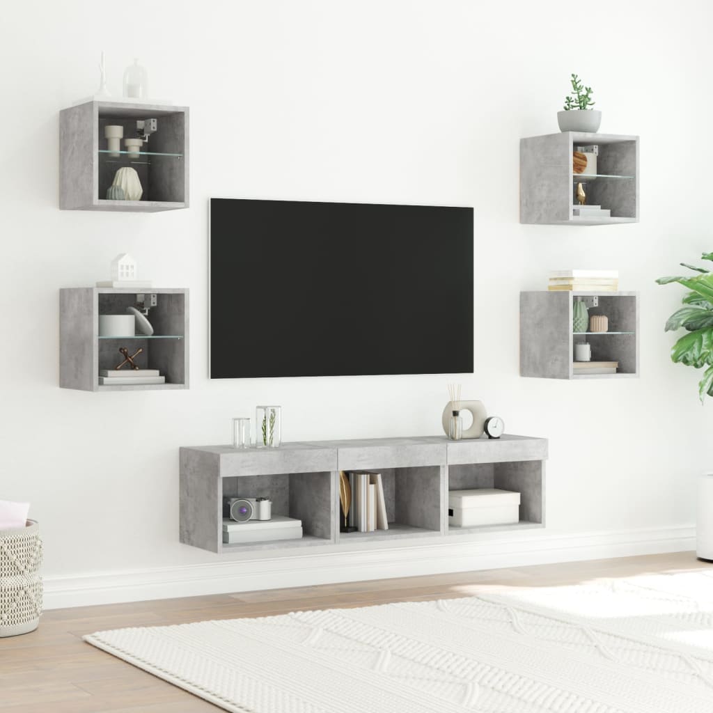 Mobili TV a Muro con LED 7pz Grigio Cemento Legno Multistrato | homemem39