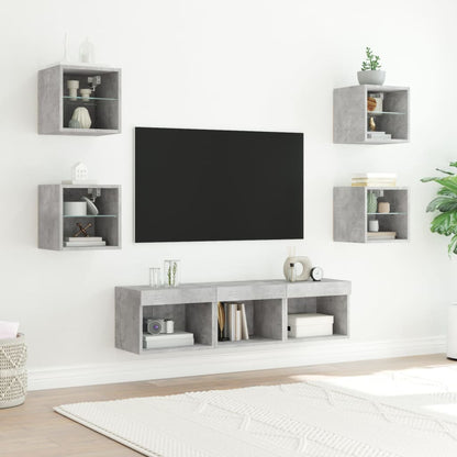 Mobili TV a Muro con LED 7pz Grigio Cemento Legno Multistrato | homemem39