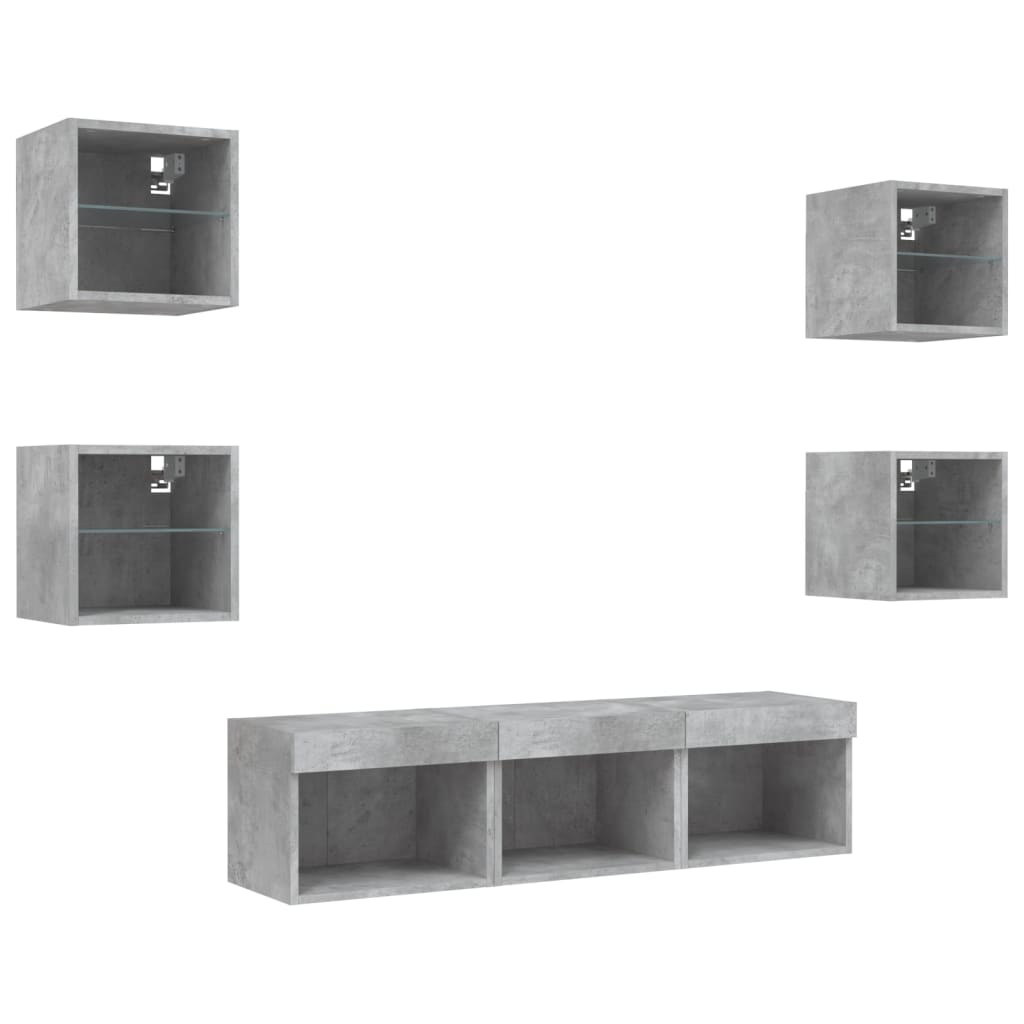 Mobili TV a Muro con LED 7pz Grigio Cemento Legno Multistrato | homemem39