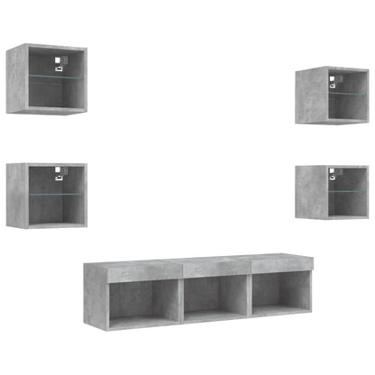 Mobili TV a Muro con LED 7pz Grigio Cemento Legno Multistrato | homemem39