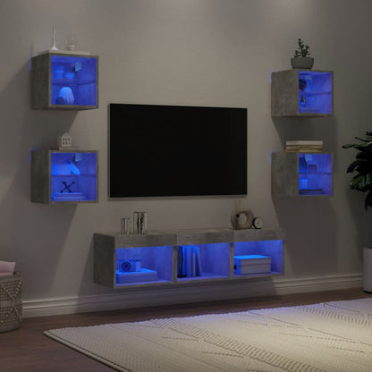 Mobili TV a Muro con LED 7pz Grigio Cemento Legno Multistrato | homemem39
