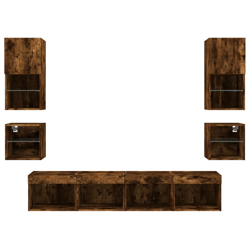 Mobili TV a Muro con LED 8pz Rovere Fumo in Legno Multistrato