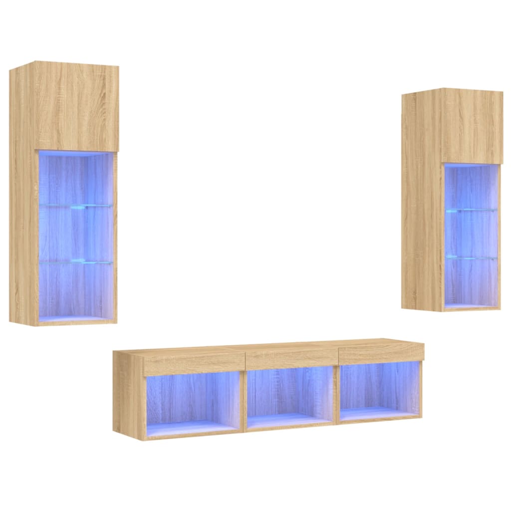 Mobili TV a Muro con LED 5pz Rovere Sonoma Legno Multistrato | homemem39