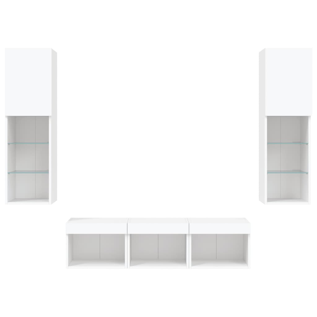 Mobili TV a Muro con LED 5pz Bianchi in Legno Multistrato