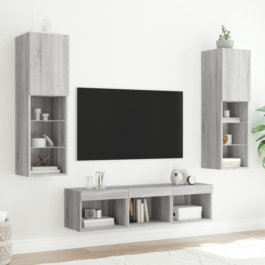 Mobili TV a Muro con LED 5pz Grigio Sonoma in Legno Multistrato
