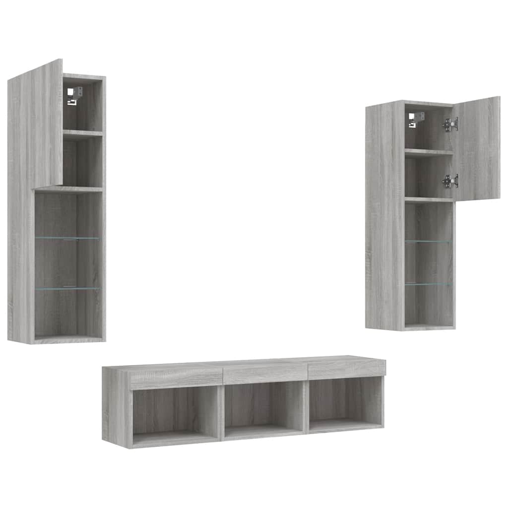 Mobili TV a Muro con LED 5pz Grigio Sonoma in Legno Multistrato
