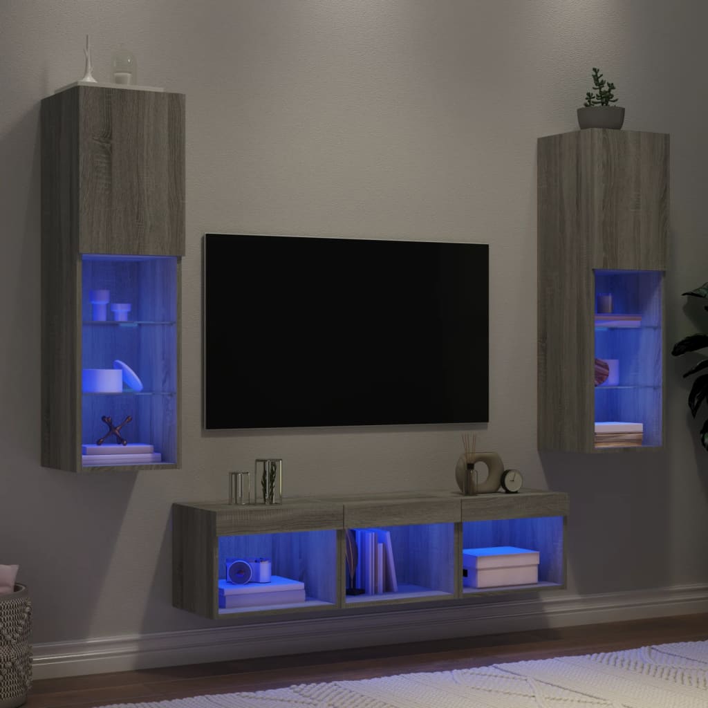 Mobili TV a Muro con LED 5pz Grigio Sonoma in Legno Multistrato