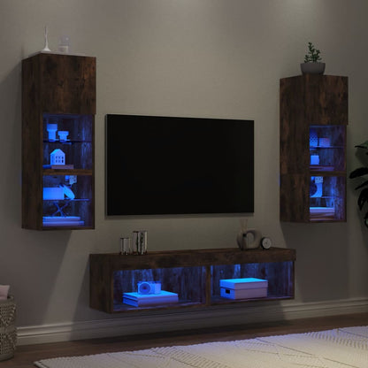 Mobili TV a Muro con LED 6pz Rovere Fumo in Legno Multistrato