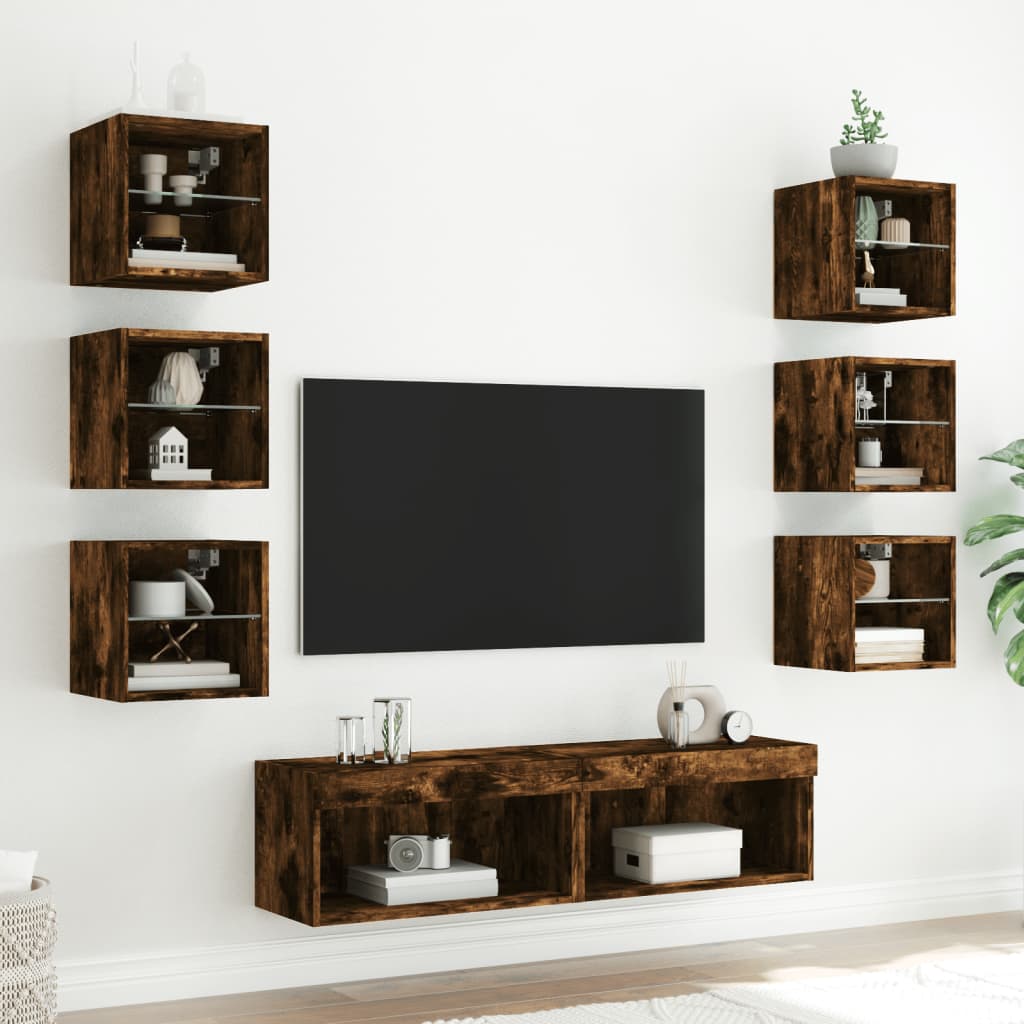 Mobili TV a Muro con LED 8pz Rovere Fumo in Legno Multistrato