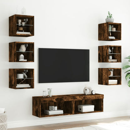 Mobili TV a Muro con LED 8pz Rovere Fumo in Legno Multistrato