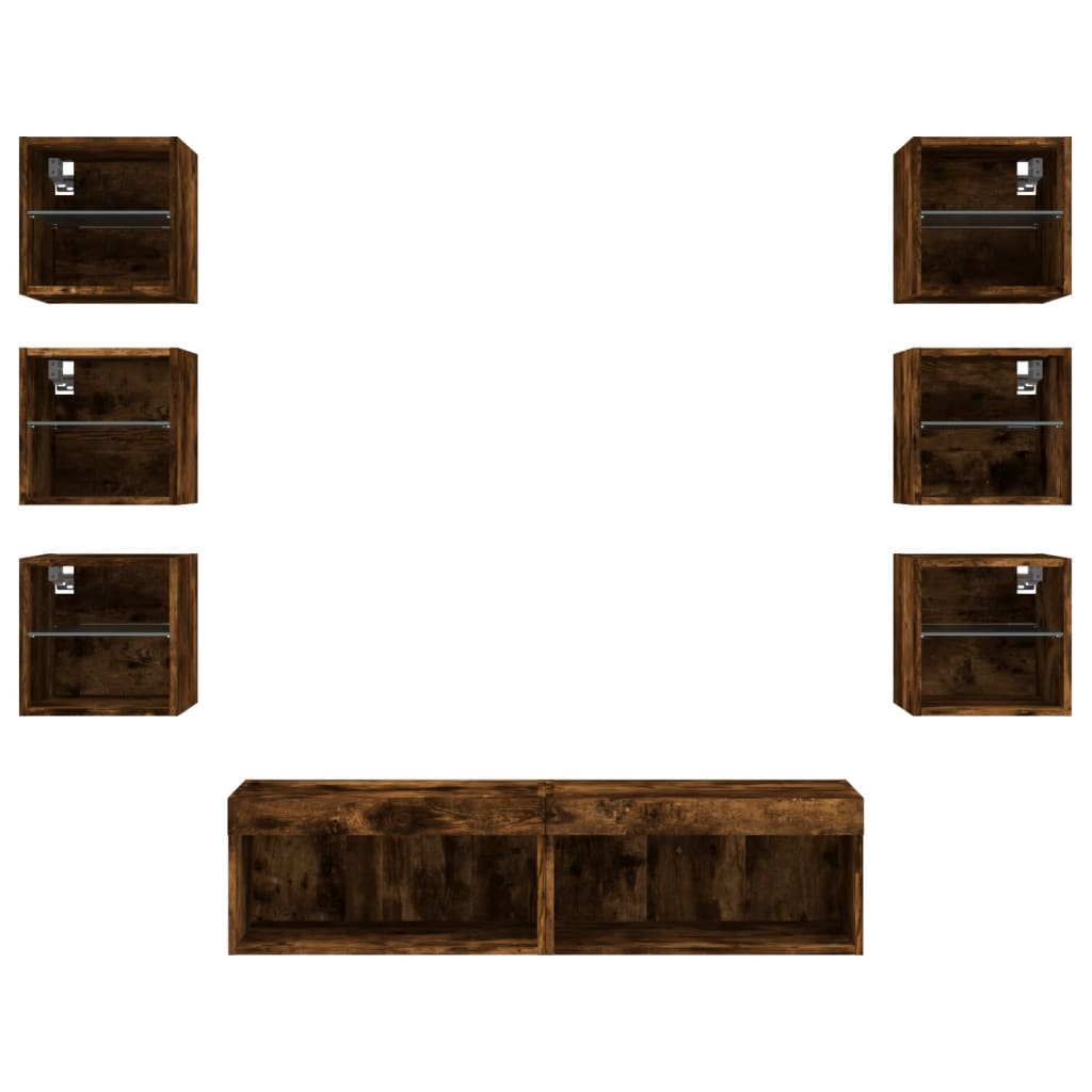 Mobili TV a Muro con LED 8pz Rovere Fumo in Legno Multistrato