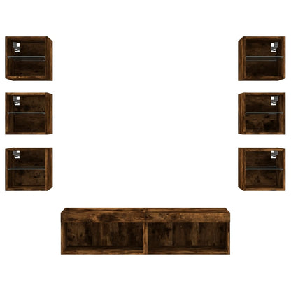 Mobili TV a Muro con LED 8pz Rovere Fumo in Legno Multistrato