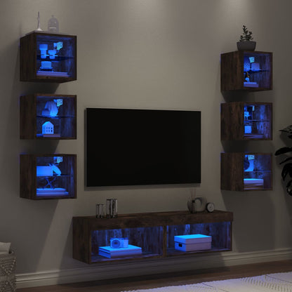 Mobili TV a Muro con LED 8pz Rovere Fumo in Legno Multistrato