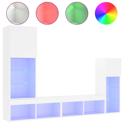 Mobili TV a Muro con LED 4pz Bianchi in Legno Multistrato