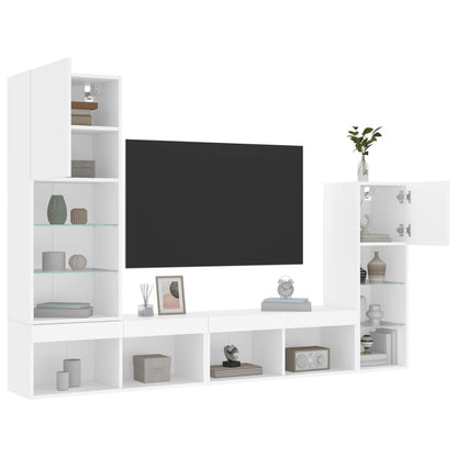 Mobili TV a Muro con LED 4pz Bianchi in Legno Multistrato