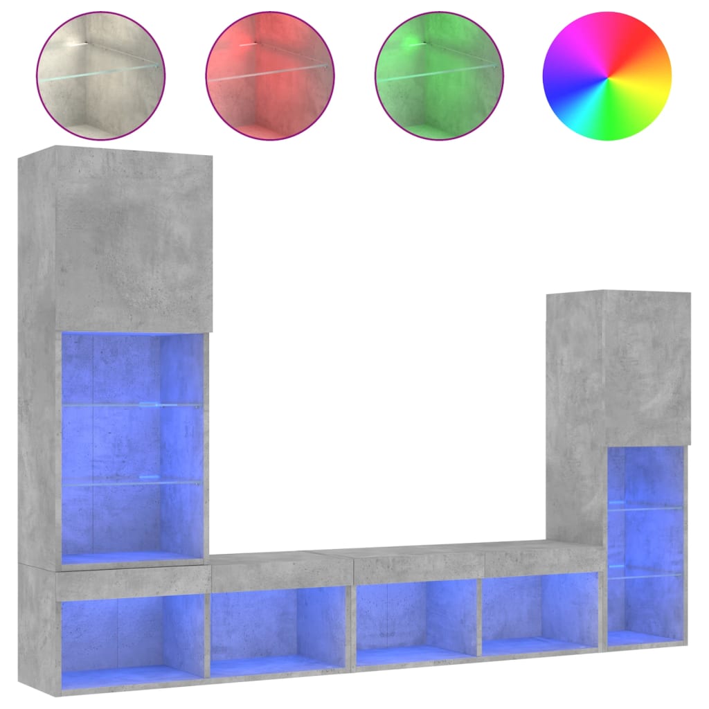 Mobili TV a Muro con LED 4pz Grigio Cemento Legno Multistrato