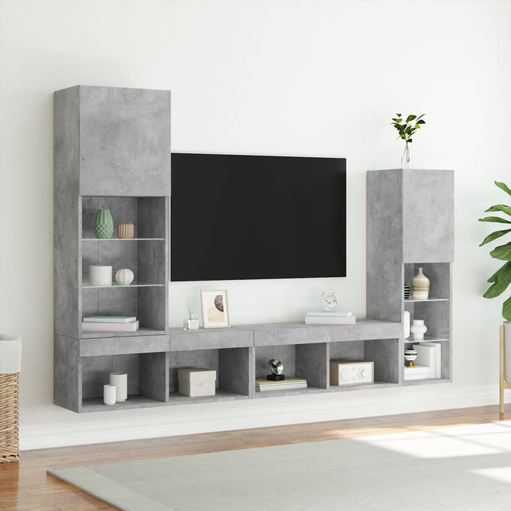 Mobili TV a Muro con LED 4pz Grigio Cemento Legno Multistrato