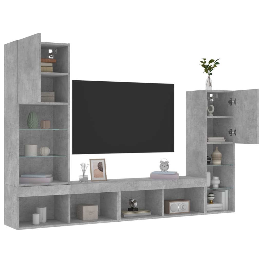 Mobili TV a Muro con LED 4pz Grigio Cemento Legno Multistrato