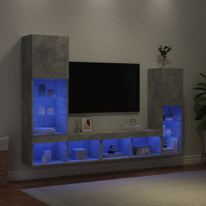 Mobili TV a Muro con LED 4pz Grigio Cemento Legno Multistrato