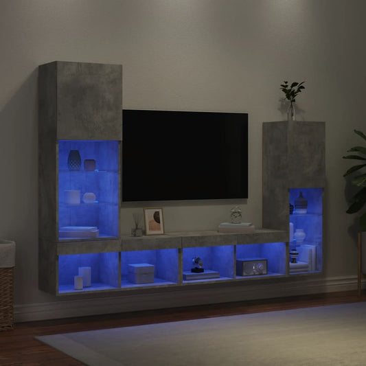 Mobili TV a Muro con LED 4pz Grigio Cemento Legno Multistrato