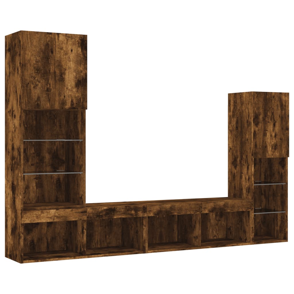 Mobili TV a Muro con LED 4pz Rovere Fumo in Legno Multistrato | homemem39