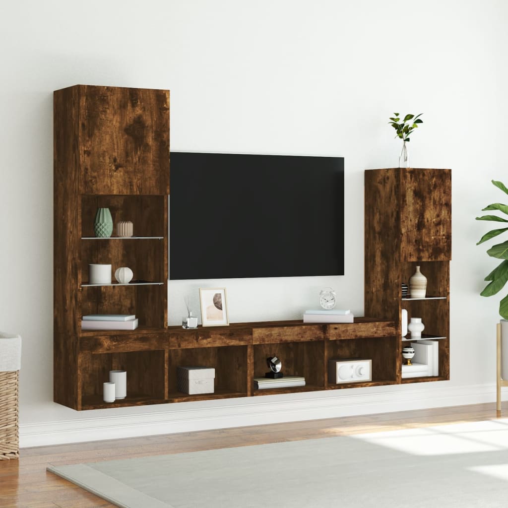 Mobili TV a Muro con LED 4pz Rovere Fumo in Legno Multistrato